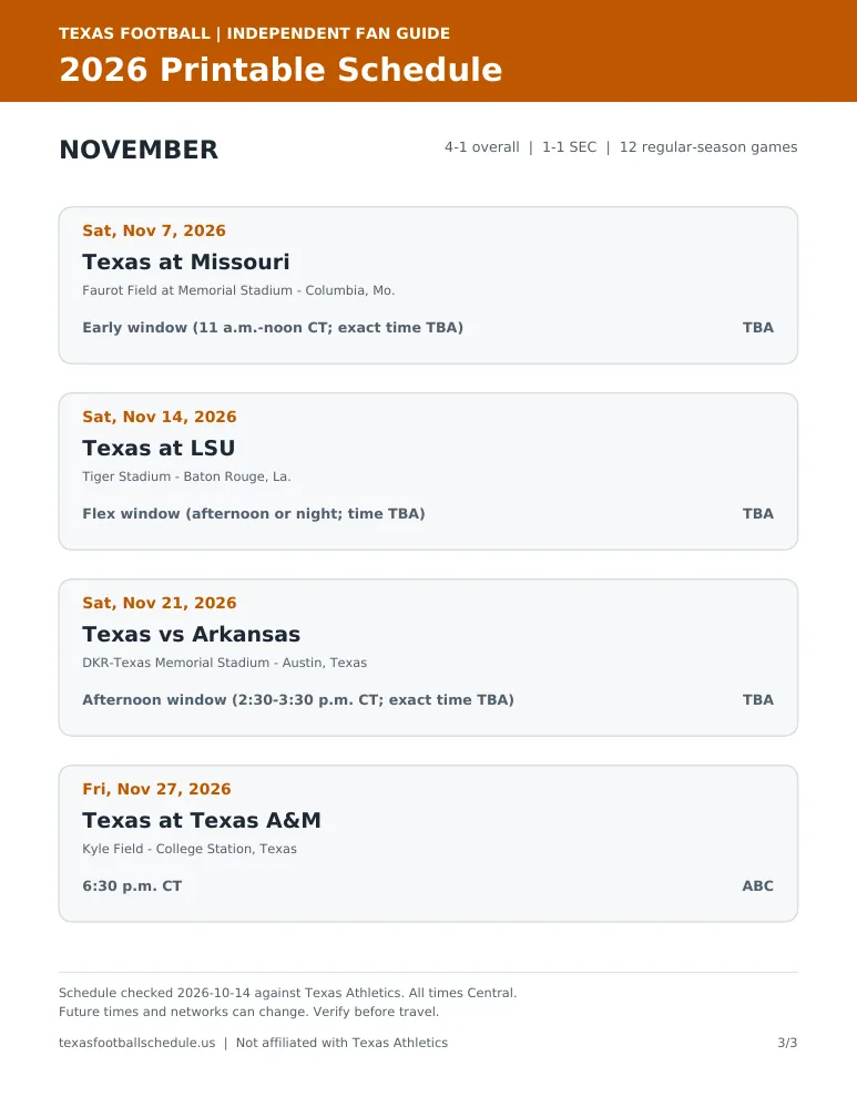 Page 3 — November 2026 Texas football schedule printable PDF preview